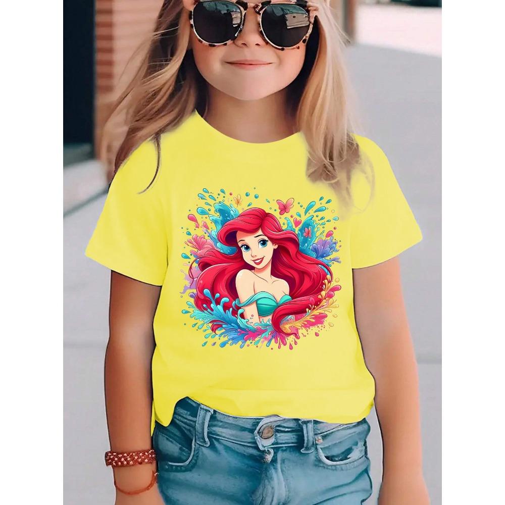 Girl Ariel Little Mermaid T-shirt Foam Print, Casual Summer Short Sleeve Round Neck Top Suitable for the Beach