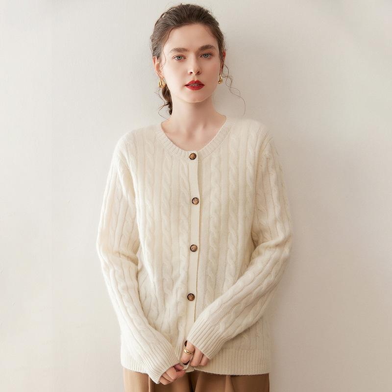 Autumn Winter Cashmere Women's Round Neck Cardigan - Long Sleeve, Loose Fit, Slimming, Cable Knit, Versatile, Skin-Friendly Sweater