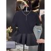 Women's Summer Asymmetric Shoulder Short-Sleeve T-Shirt Slimming Waist-Defining Bow-Detail Patchwork Top