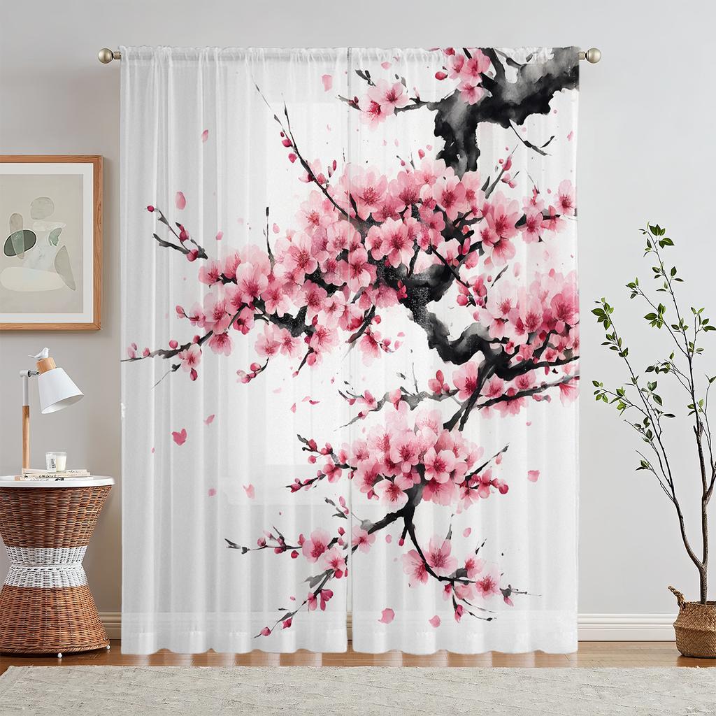Sakura Curtains Pink Floral Hd Print Polyester Pocket Rod Living Room Bedroom Light Filtering Made Of Machine Washable Great Window Treatment