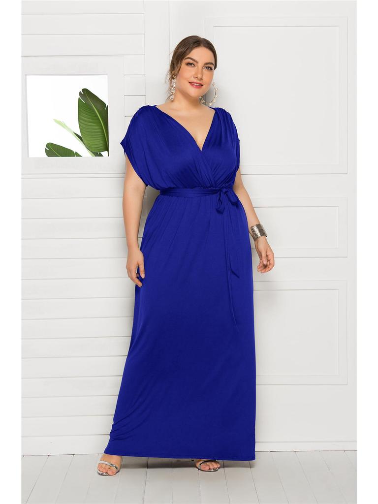 Plus Size Women’s Solid V-Neck Evening Dress, Sexy Loose Fit with Large Hem