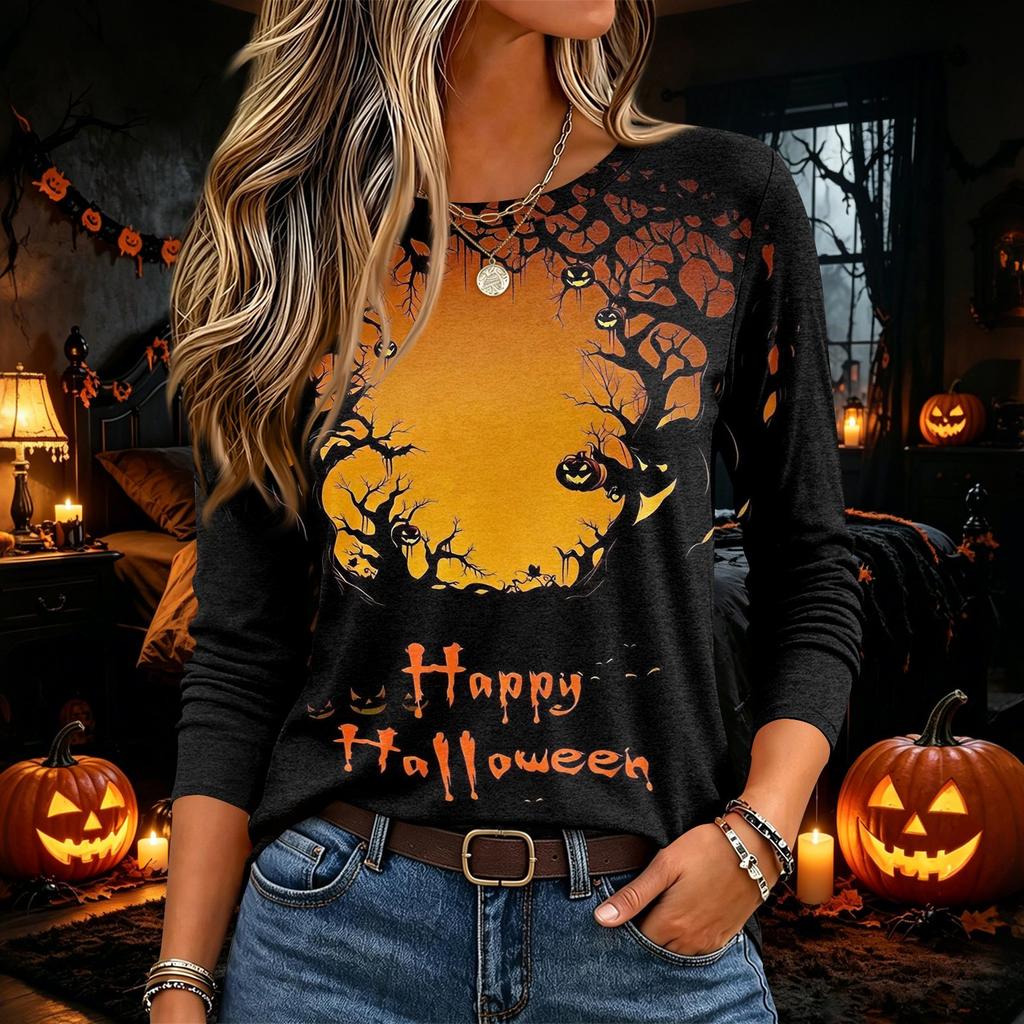 Women's Halloween Print Long Sleeve Neck Pullover Top for Party