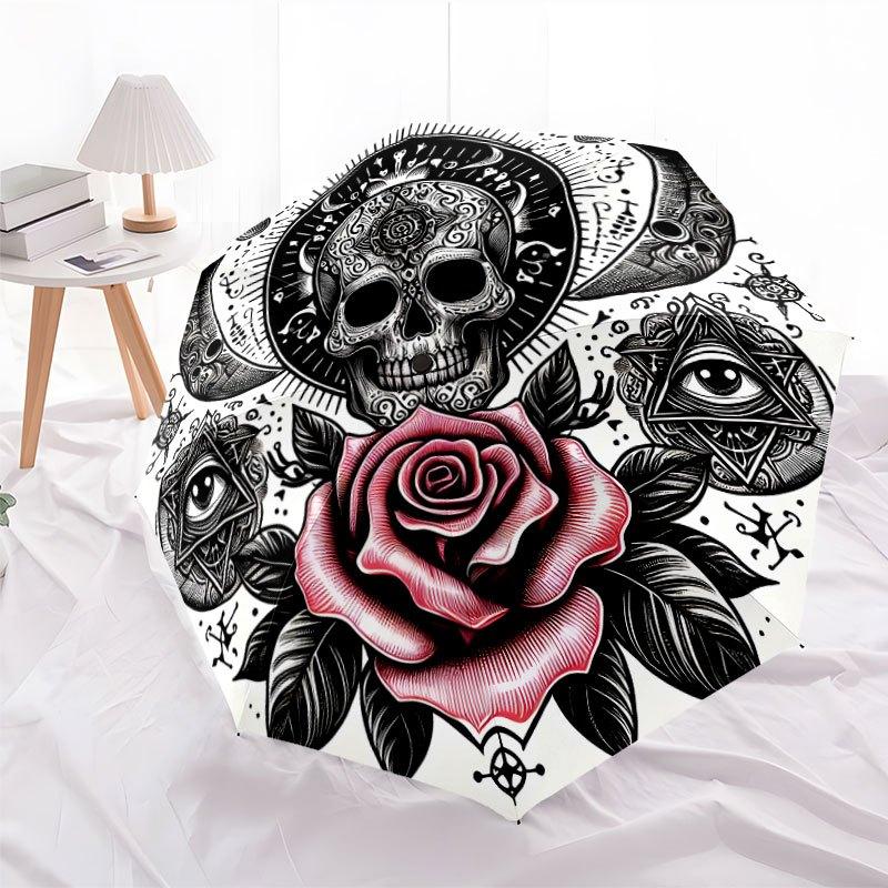 Glowing Skulls And Hearts On Mint Background Outdoor Automatic Umbrella Folding Umbrella With 8 Ribs Foldable Design For Women Men Stylish Accessory