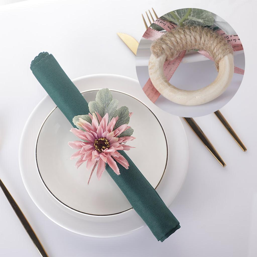 Napkin Ring Holder Artificial 3D Flower Buckle Dining Table Decoration 4.6cm Dia Loop with Hemp Rope 9.5x8x7cm Pink