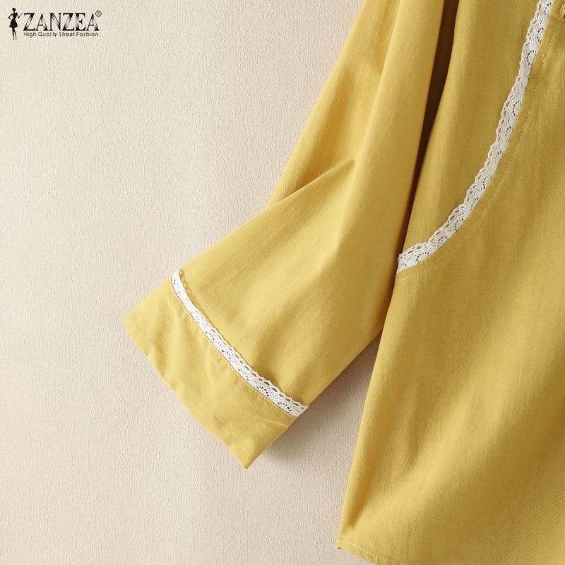 ZANZEA Women Lace Splice Round Neck Casual 3/4 Sleeve Cotton Blouse