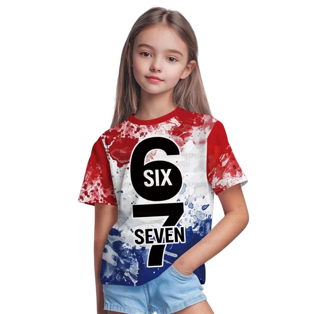 New 67 Meme T-Shirt for Boys Girls Fashion Splashed Ink 3D Print Girl Short Sleeve Tees Round Neck Top Loose Children's Clothing