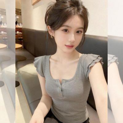 Pure Desire Gray Half-open Neck Small Fly-sleeved Short-sleeved T-shirt Women's Summer Sweet Spice Slim-fit Top