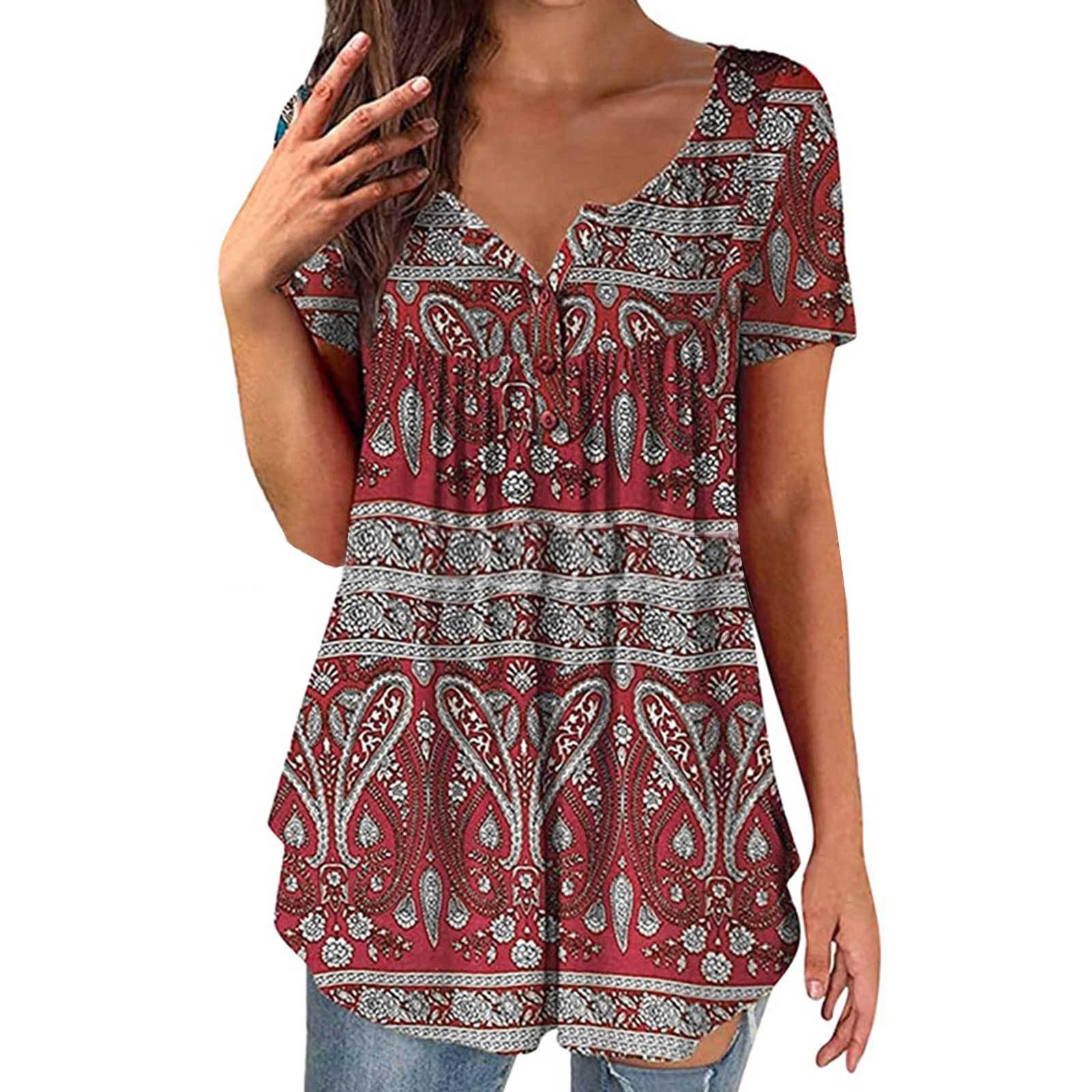 European & American Women s Summer Fashion Digital Print Henley Shirt XXXXL