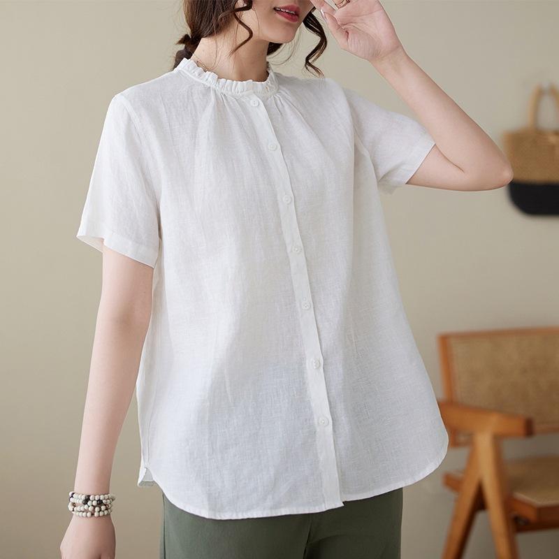 

Легкая и дышащая однотонная рубашка из хлопка и льна с короткими рукавами, женская летняя новинка 2025 года, кружевной кардиган с круглым вырезом и пуговицами 2XL белый