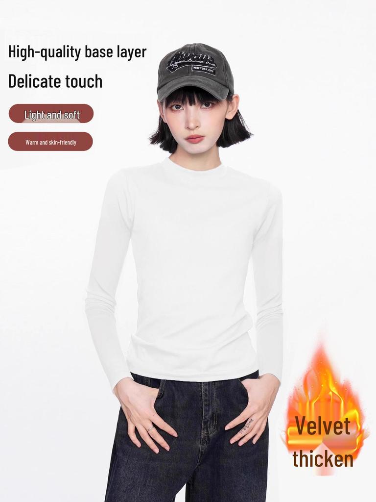American-Style Women's White Round Neck Slim Fit Long Sleeve Base Layer Top for Spring/Autumn