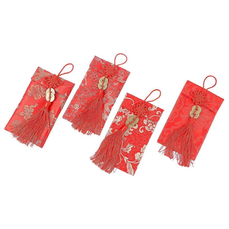 New Year Red Packet Fabric Money Holder Storage Pouch Red Satin for Wedding Festival 4Pcs