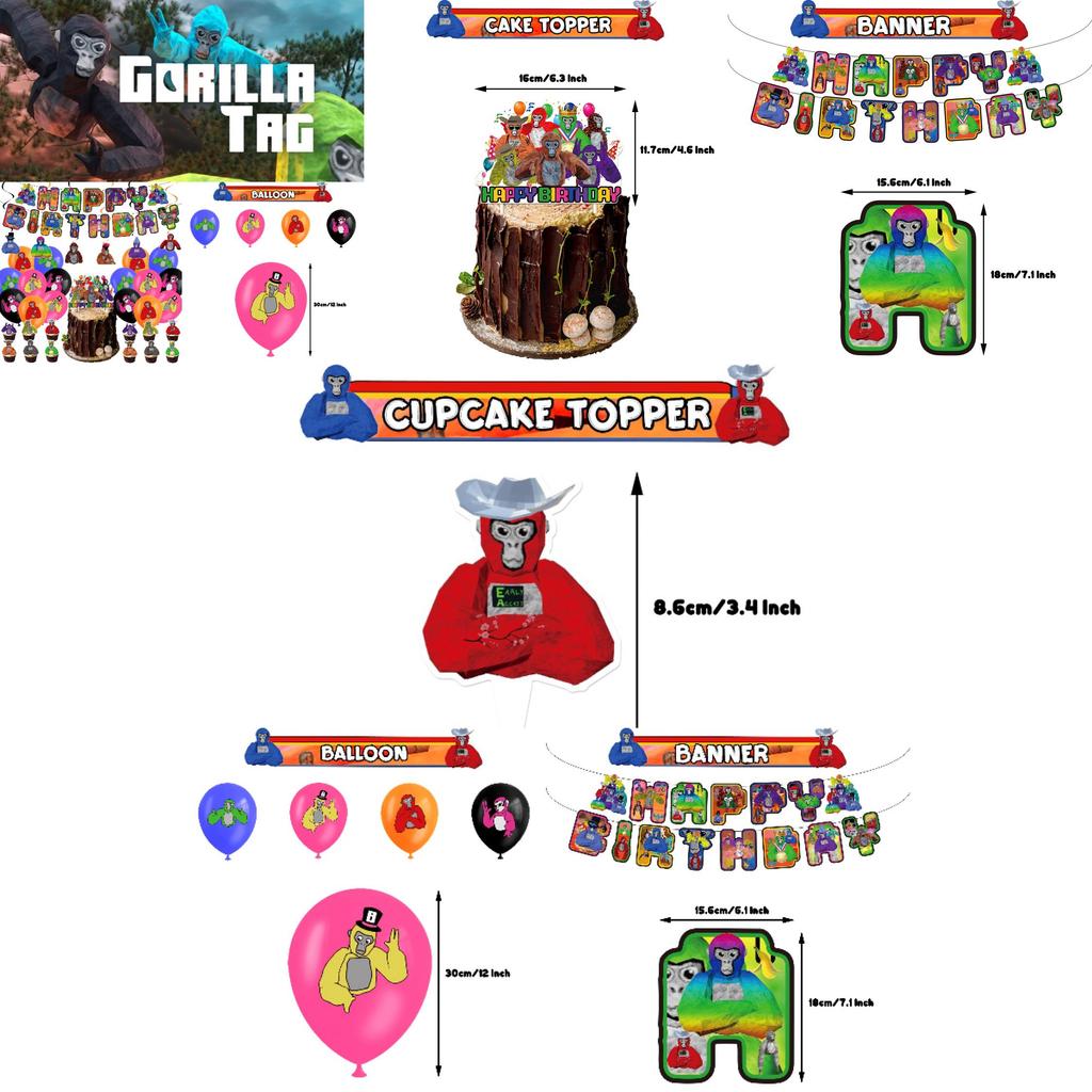 Gorilla Tag Birthday Party Decoration Set Spiral Balloon Arrangement With Cake Topper And Flag
