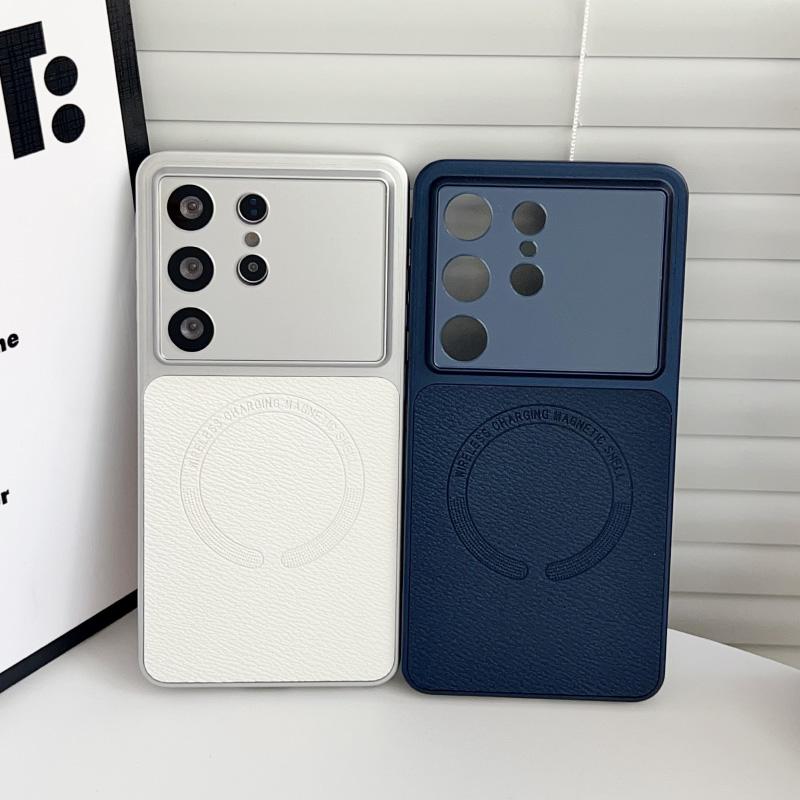 Luxury Soft TPU Frame Artificial Leather Phone Case For Samsung S26 Ultra S24 S25 Ultra Plus FE For MagSafe Magnetic Back Cover