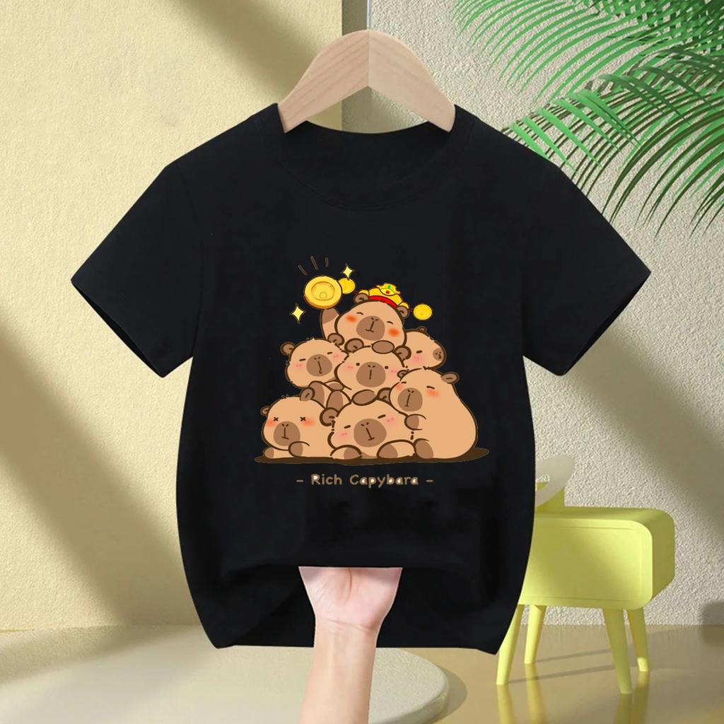 Cute Capybara Loves Bubble Tea Print Kids TShirt Summer Childrens Cartoon Shortsleeved Casual Tops Boys and Girls Clothing