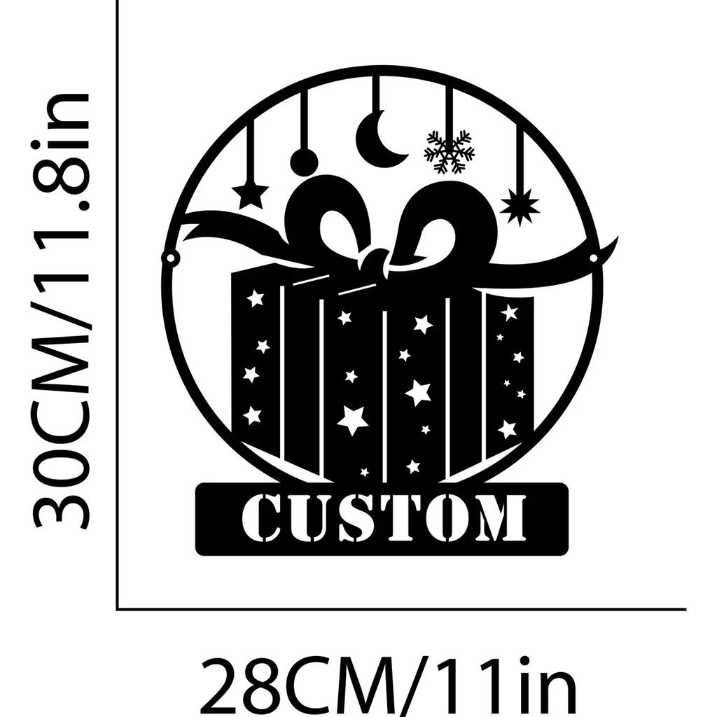 Merry Christmas Metal Wall Art, Personalized Family Name Sign for Home Decor, Xmas Gift Box