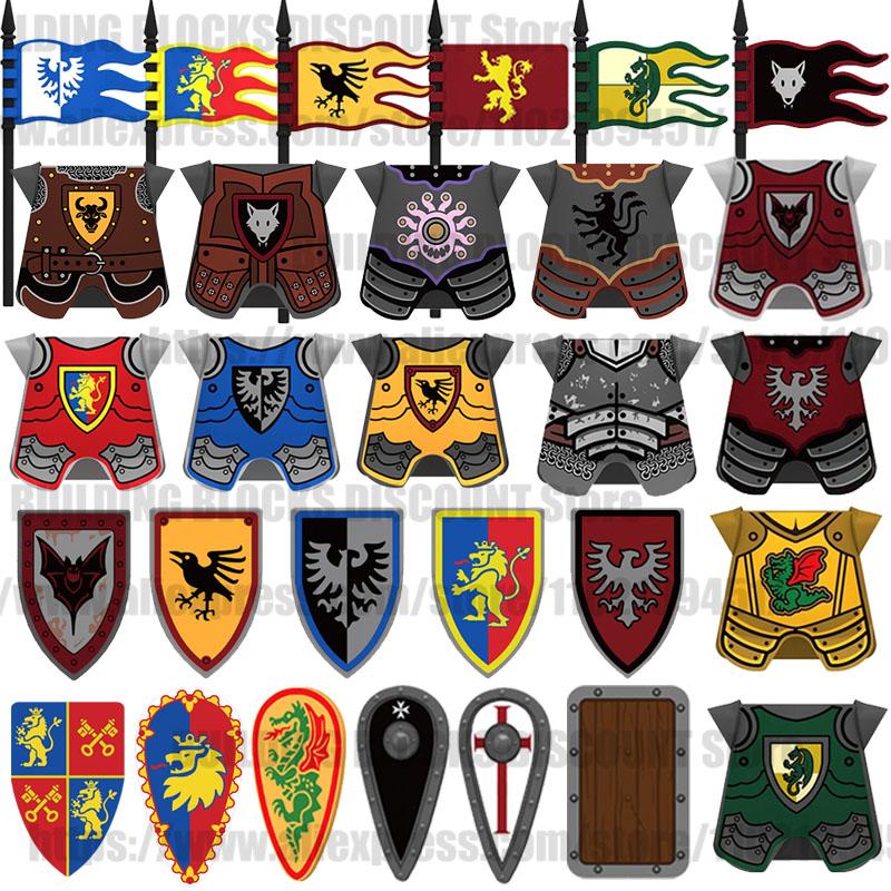 Medieval Red Lion Castle Soldier Knight MOC Vest Shield Armor Figure Accessories Weapons Building Blocks Military Brick Toy B153