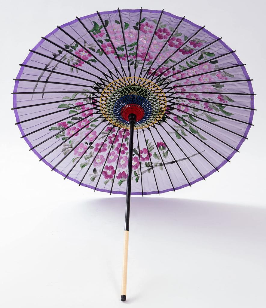 Yamamoto Bamboo Crafts Japanese Silk Umbrella with Cherry Blossom Design and Jointed Dancing Umbrella (YAMAMOTOTAKIZAYIKUYA) Handle, (Purple)