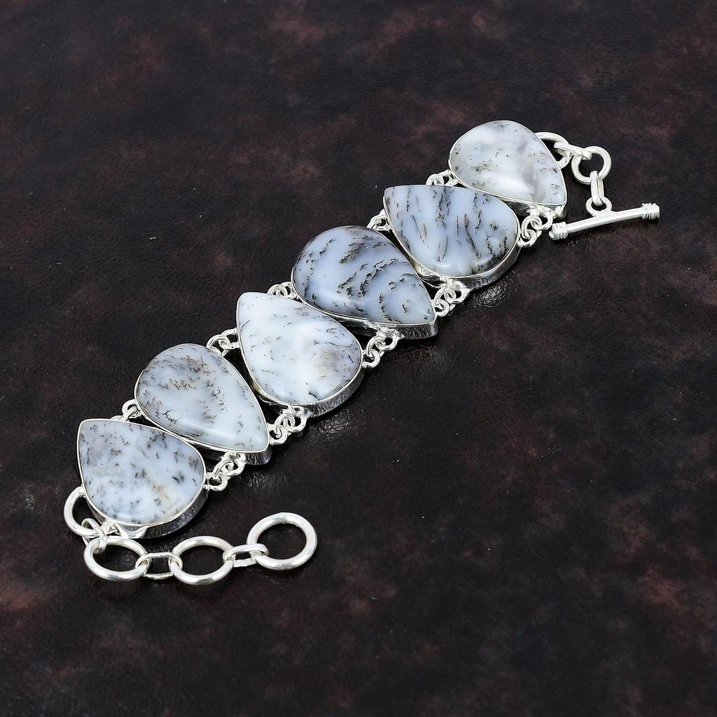 Dendriten-Opal-Armband, echter Edelstein-Schmuck, 925er-Sterlingsilber-Armband, handgefertigt, schönes Armband, verstellbares Kettenarmband, Geschenk für Mama