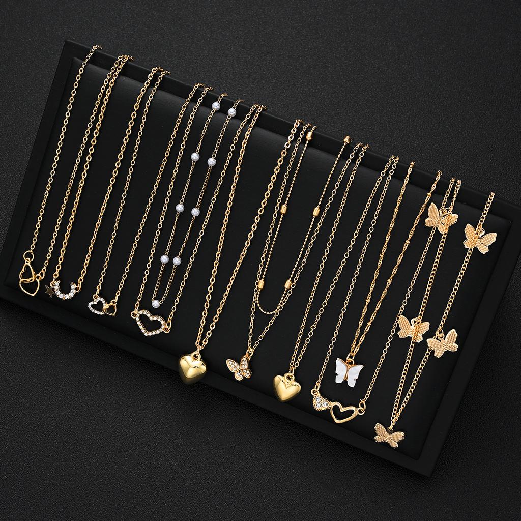 Fashion Elegant Multi-layered Necklace Set for Women Vintage Zircon Pearl Heart Butterfly Star Moon Pendant Necklace Jewelry New