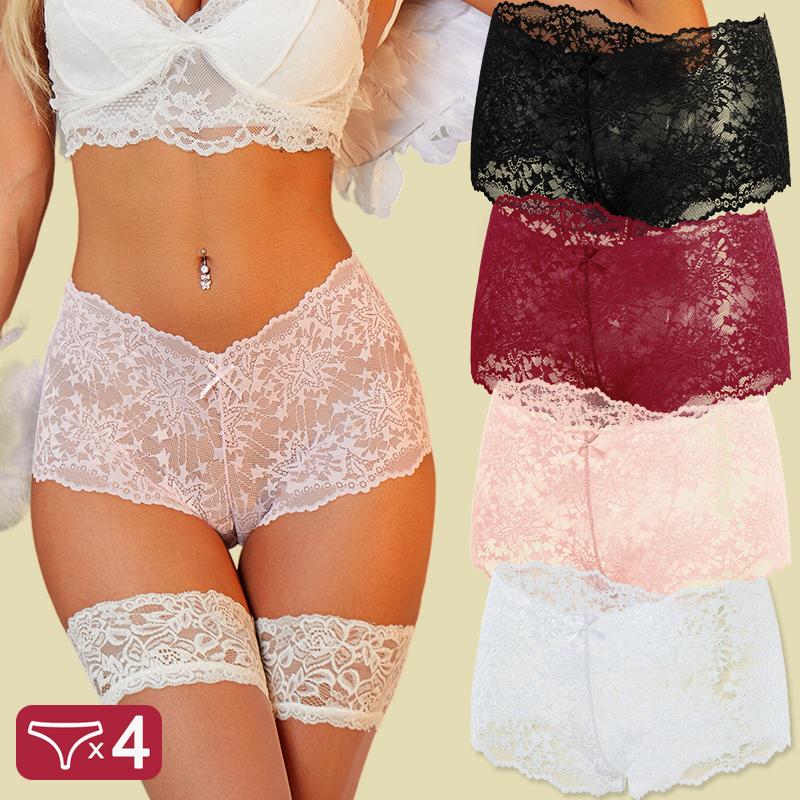FINETOO 4Pcs/Set Women Panties Hollow Out Lace Mid Waist Elastic See-through Star Lace Four Cornered Pants Women Underpants