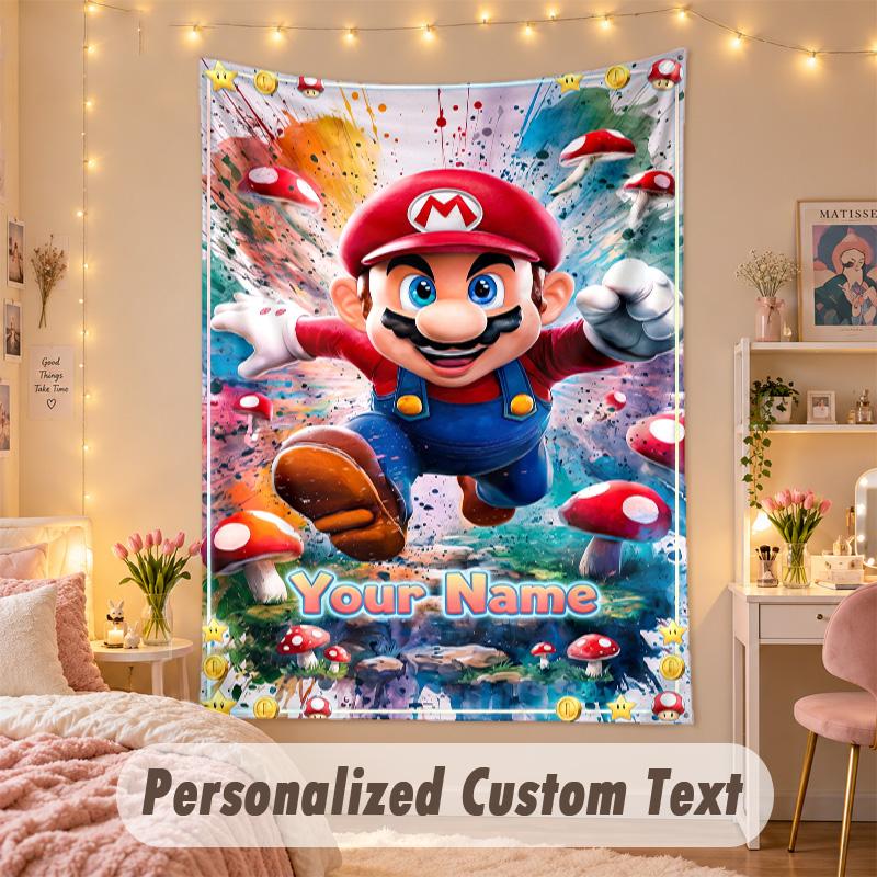Custom Personalized Tapestry,Super Mario Print Custom Name Text Wall Art Hanging for Bedroom