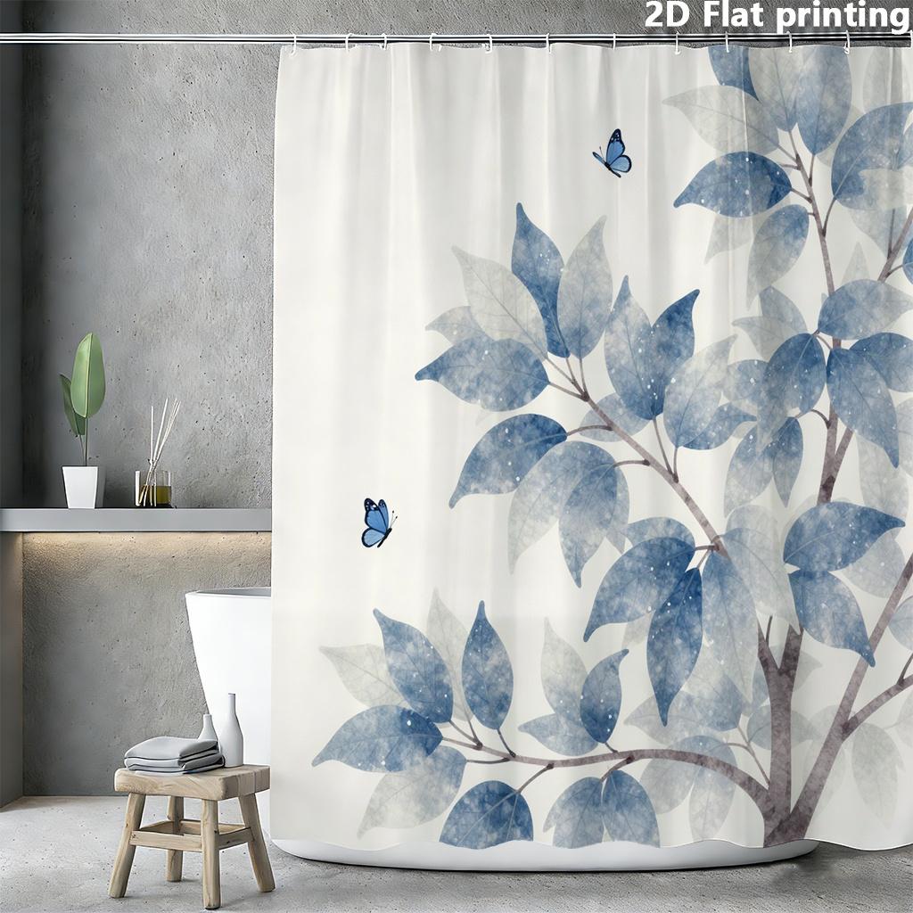

Blue Watercolor Leaves & Butterflies Shower Curtain 1Pc Polyester 2D Flat Print 70.8X70.8 On White Base W60H190(CM)-1 Pcs
