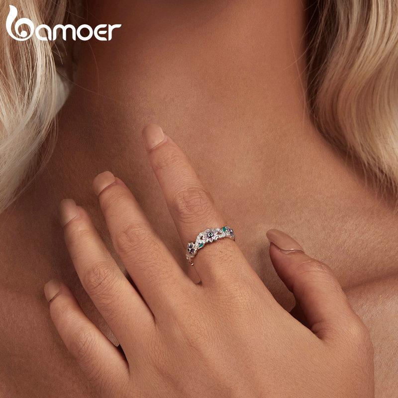BAMOER 925 Sterling Silver Purple Wreath Ring Flower Finger Ring Original Design Fine Jewelry Gift for Women Party