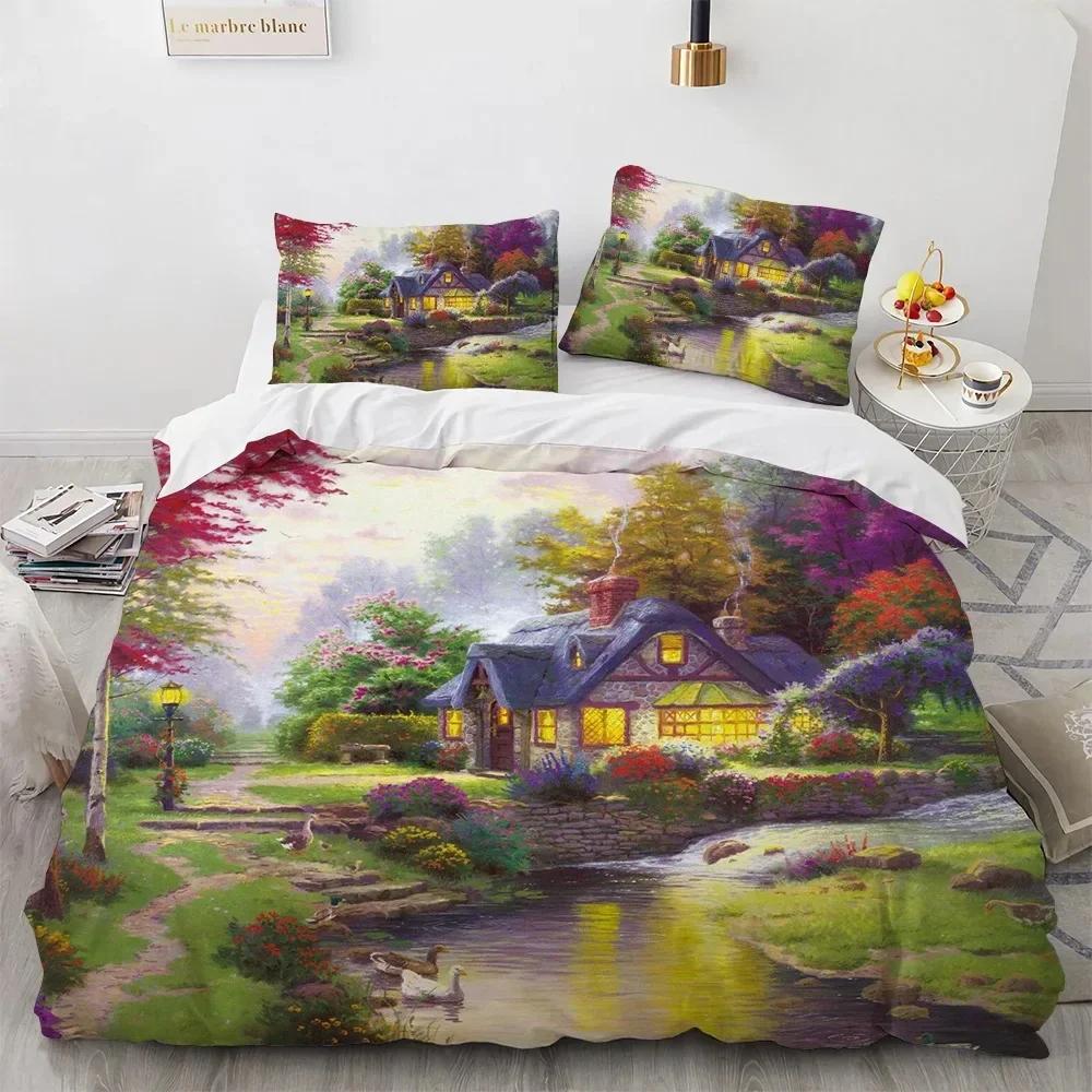 Beautiful Painting House Tree Comfortable Duvet Quilt Cover Pillowcase Bedding Set Children Bedroom Decoration Home Textile