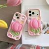 KEYSION Cute Cartoon 3D Tulip Flower Phone Case for iPhone 13 14 15 16 17 Pro Max Soft Silicone KickStand Shockproof Back Cover