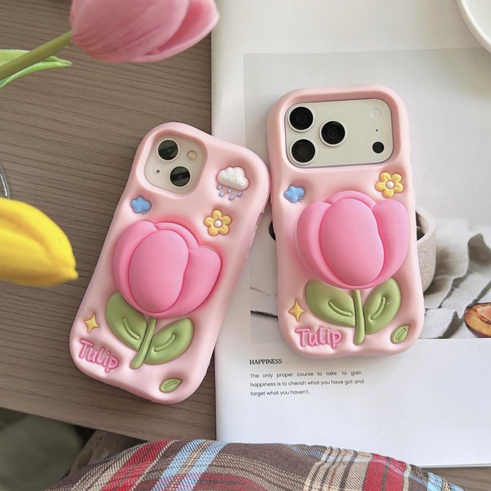 KEYSION Cute Cartoon 3D Tulip Flower Phone Case for iPhone 13 14 15 16 17 Pro Max Soft Silicone KickStand Shockproof Back Cover