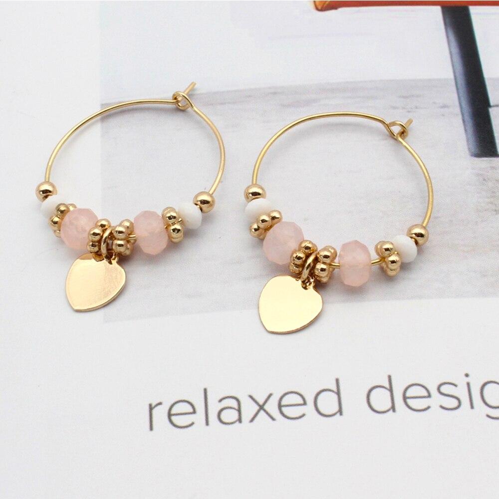 Heart Pendant Earrings Gold Crystal Glass Acrylic Beads Cute Pink Peach Earring Hoop Ear Circle Sweet Ring Beaded Vintage 35