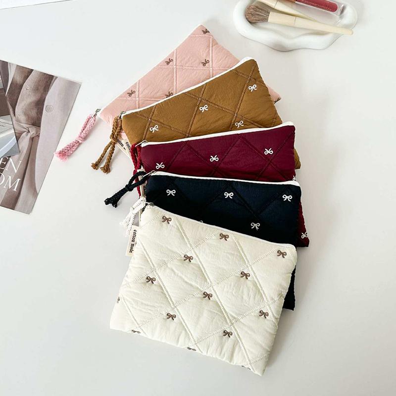 Quilted Design Cosmetic Bag Embroidered Bow Large Capacity Stationery Bag Multifunctional Pen Bag