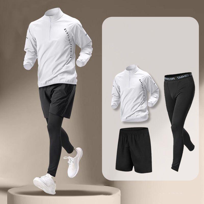 Men's Four Seasons Running Set Sports Speed Drying Slim Fit Long Sleeve Half Zipper T-shirt Top+Pants Set