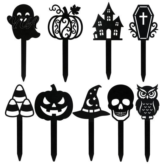 Unique Halloween Gifts for Gardeners 5Pcs Planter Stakes, Acrylic Garden Sign Outdoor Yard Lawn Backyard, Party Decor Ghost House Black Cat Silhouette