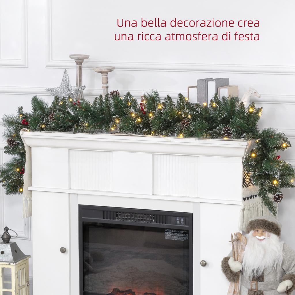Christmas Garland with 50 White LED Lights and Decorations, In Plastic and Metal, 180x30x30 Cm, Green