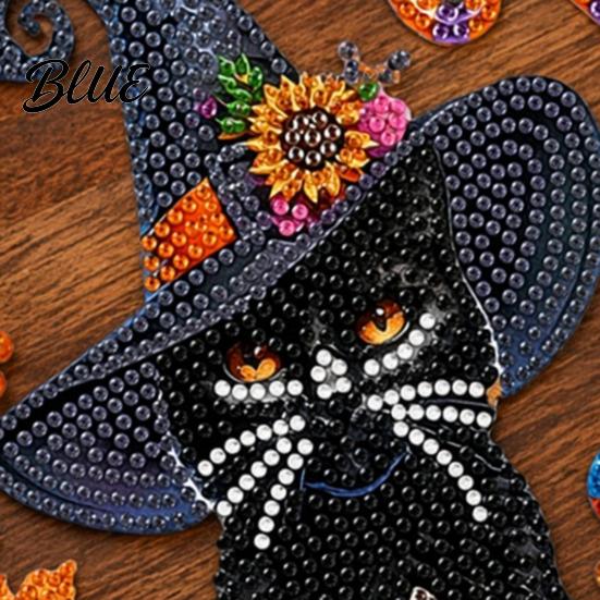 Halloween Halbmond Dekoration Schwarze Katze Strass Malset Facettierter Kunstkristall Hängende Dekoration Niedliches Bastelset DIY Fenster für Heimparty,