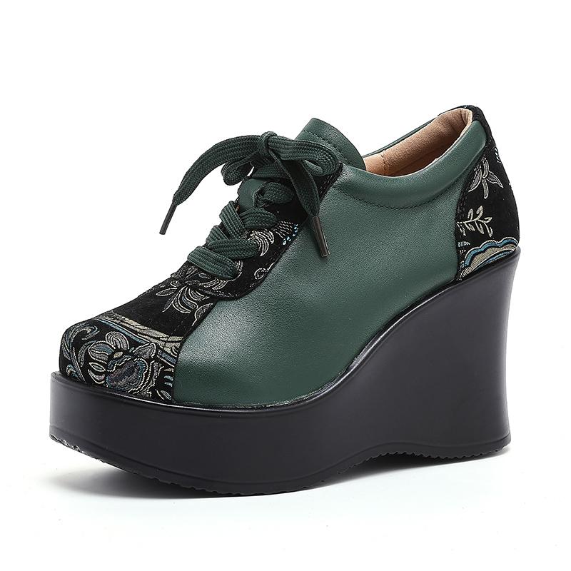 Fashion GKTINOO 2025 Spring Ethnic Style Women Genuine Leather Shoes Lace Up Wedges Heels Shoes Thick Sole Casual Ladies Platform Shoes