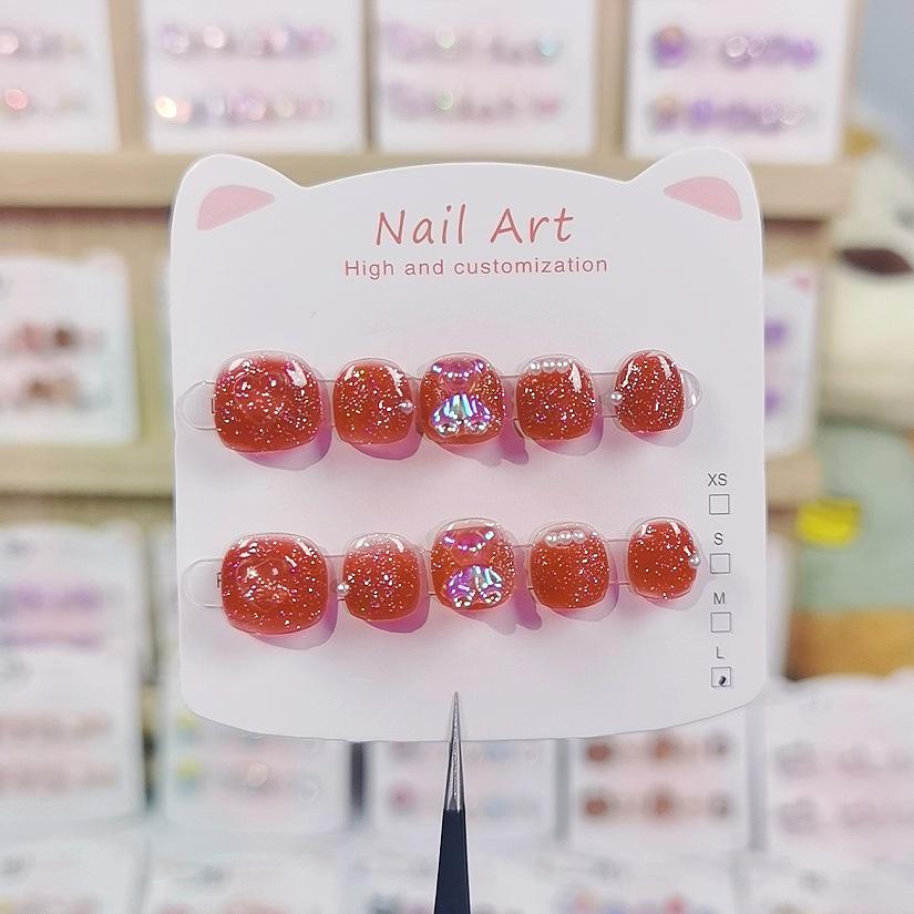 Kids Cartoon Bear Nail Stickers - Transparent Red Gradient Handmade Wearable Nails