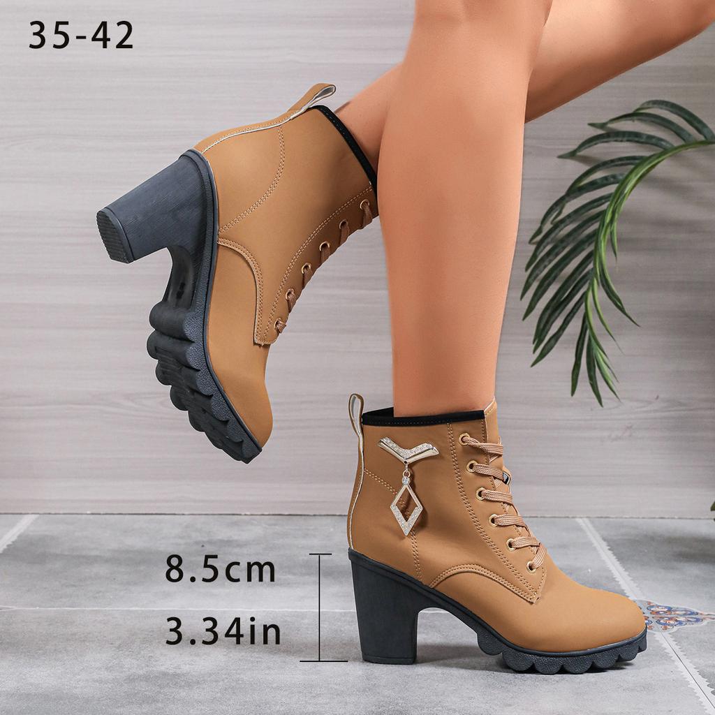Autumn and Winter New Large-size Women's Boots Rhinestone High-heeled Round Head Lace-up Thick-heeled Fashion Boots