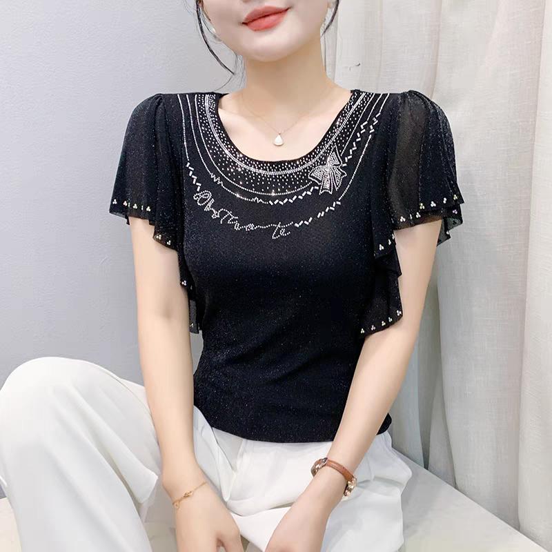 Summer New Elegant O-Neck Short Sleeved Mesh T-shirt Fashion Ruffles Hot Diamonds Women's Tees Chic Butterfly Sleeve Casual Tops