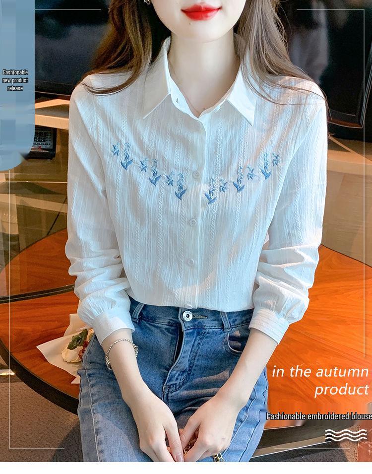 Cămașă de damă cu mâneci lungi, brodată, din bumbac pur - Primăvară & Toamnă 2024 Stil OL Casual Alb