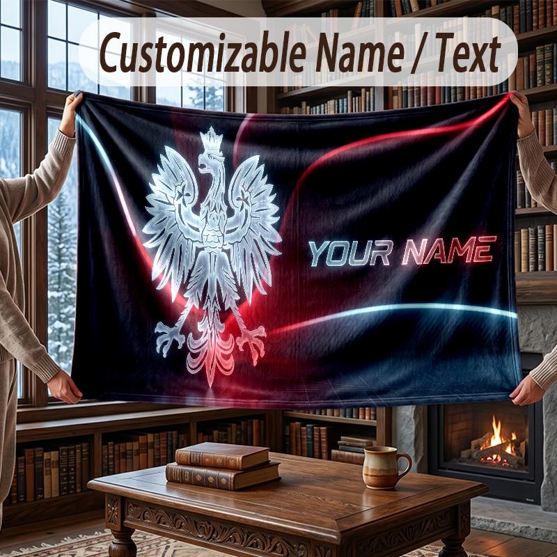 Custom Name Flannel Throw Blanket Poland Football Pattern Warm Home Decoration