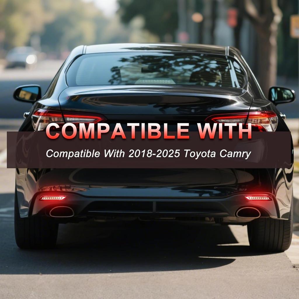 Full LED Rear Bumper Reflector Lights for 2018-2025 Toyota Camry | Smoked Lens, Red LED Rear Bumper Reflectors Brake Turn Signal Lights for Toyota