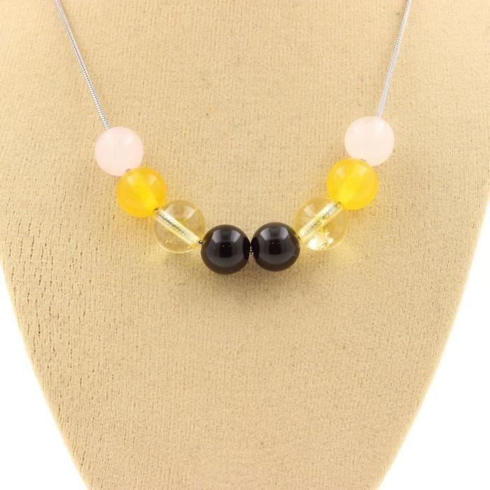 Collier - A Bijoux - Obsidienne noire, Agate jaune, Citrine, Quartz rose - Acier inoxydable - Longueur 40-90 cm