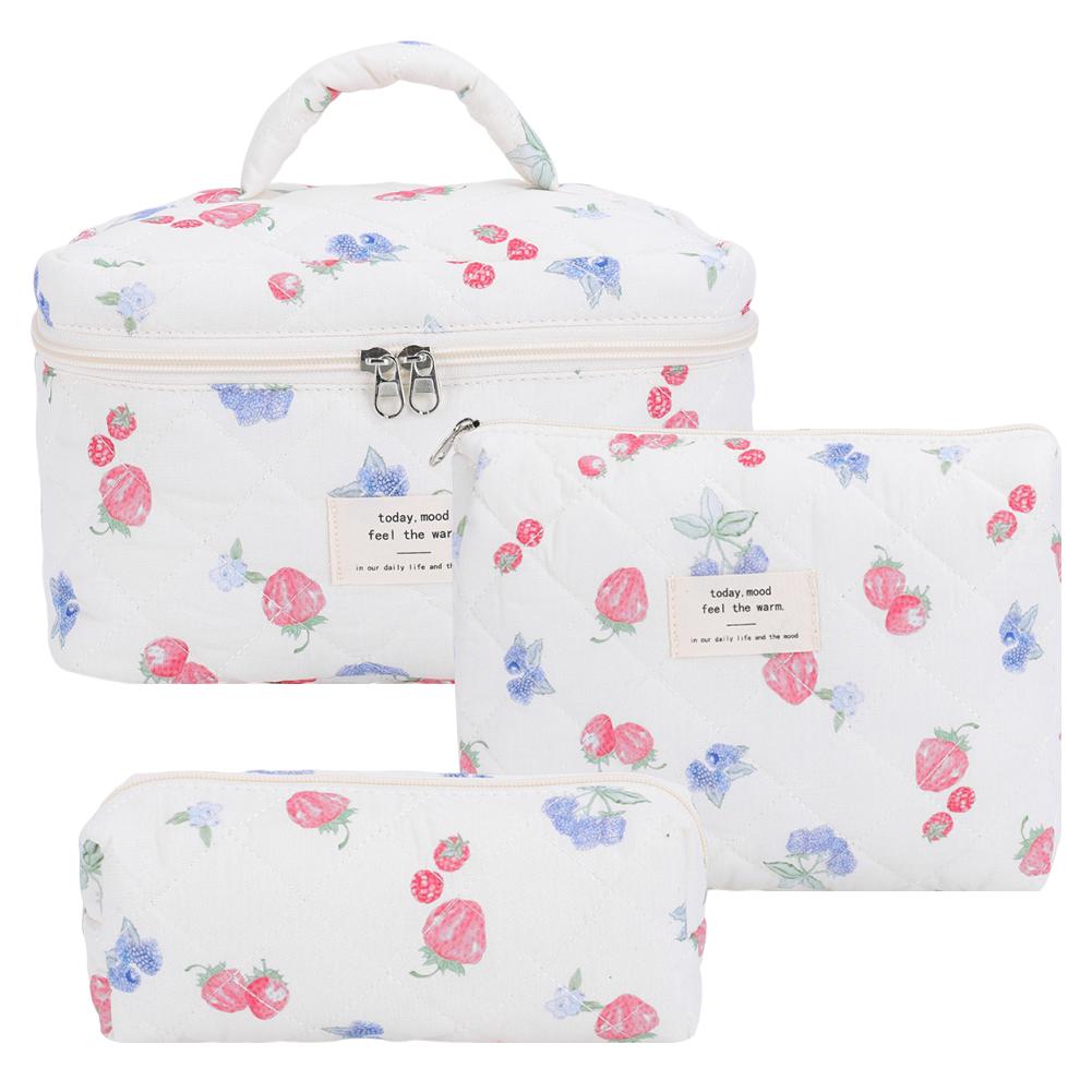 3Pcs Cute Quilted Cosmetic Bag Large Capacity Adorable Padding Skincare Pouch Strawberry Print Bathroom Shower Travel Bag