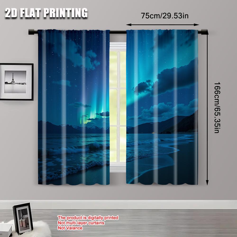 2pcs   2D flat printing Party Curtains Beach aurora Versatile 100% Polyester  Without Electricity Holiday Decorations Use for
