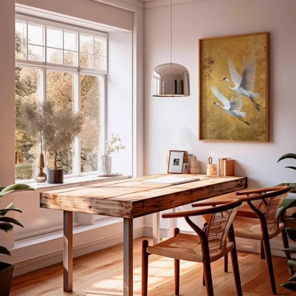Japanische Elegante Kraniche Natur Poster Fliegende Kraniche in Gold und Weiß Leinwandbild Asiatische Wandkunst Wohnzimmer Heimdekoration