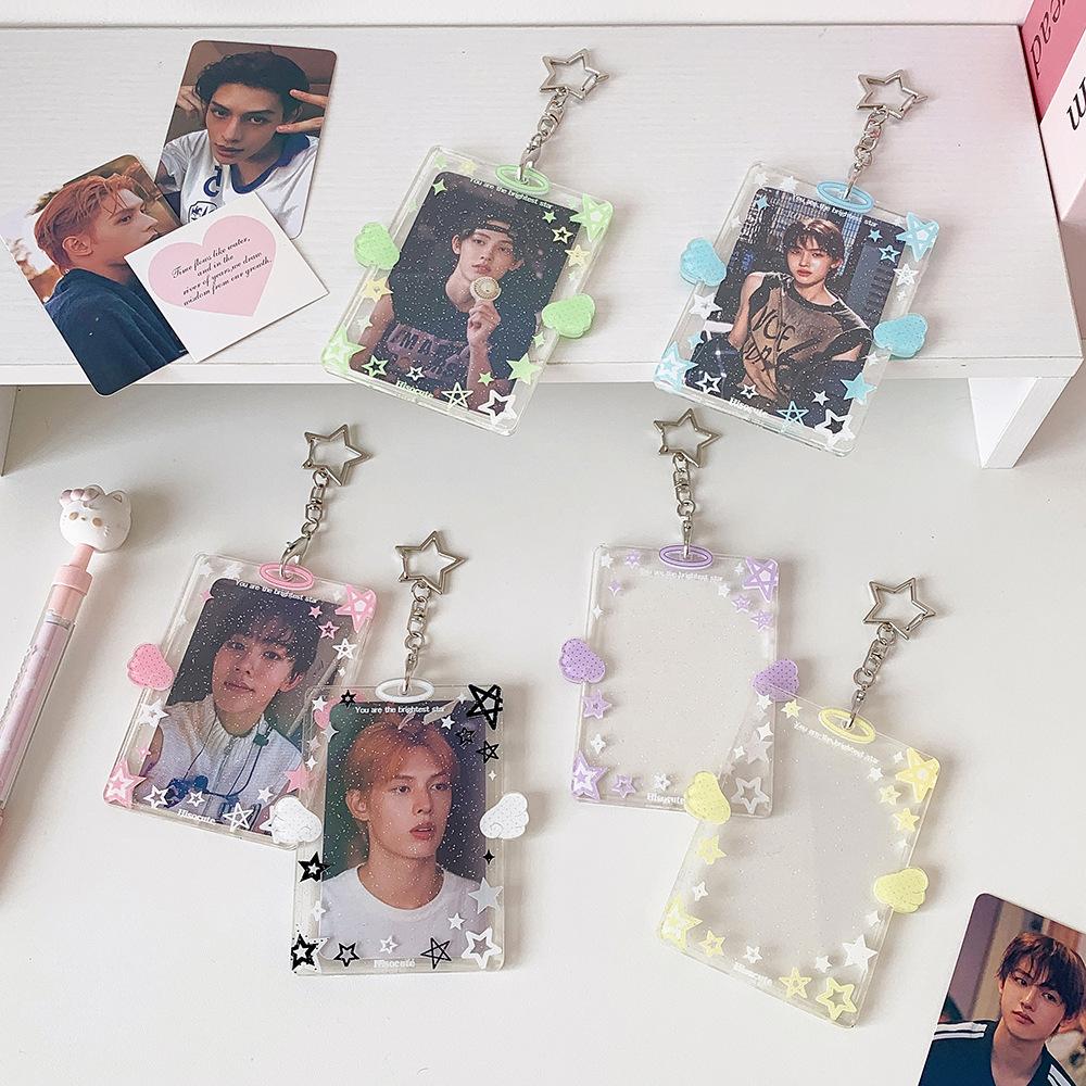 Kawaii Star Glitter Photocard Holder Keychain 3 Inch Hard Acrylic Id Card Case K-Pop Idol Photo Sleeve Protector For Girls Gift