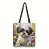 Chic Puppy Floral Tote Bag Lightweight Reusable Shopping Handbag for Everyday Use Flower Multifunctional Shoulder Bag