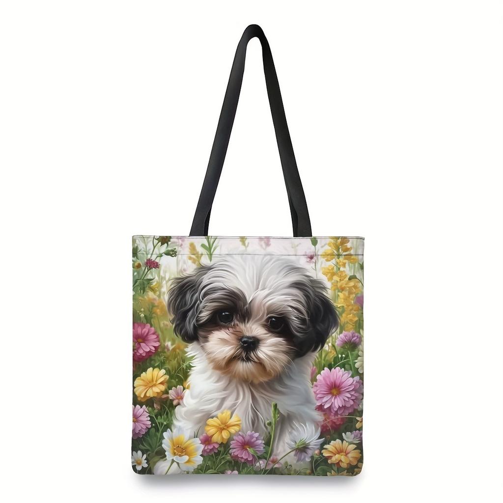 Chic Puppy Floral Tote Bag Lightweight Reusable Shopping Handbag for Everyday Use Flower Multifunctional Shoulder Bag